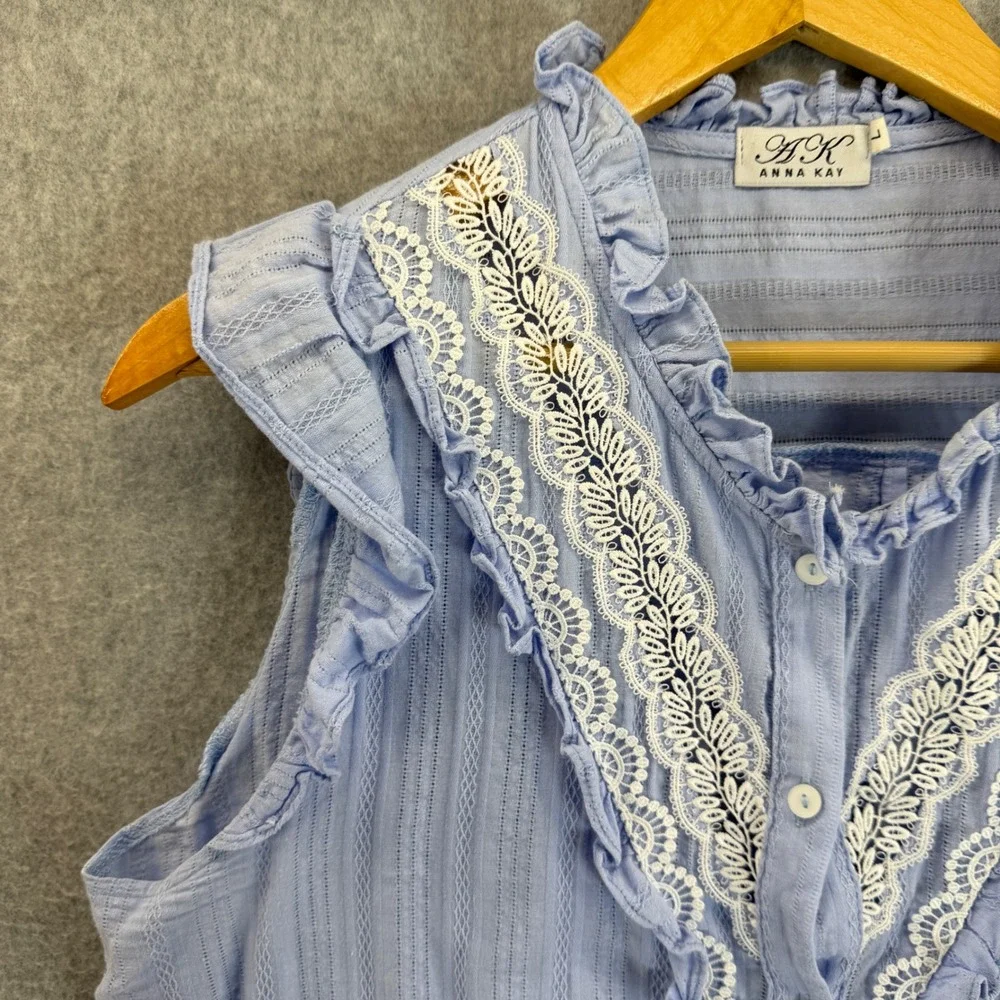 Anna Kay Ruffle Blouse Sleeveless Button Down Top Lace Trim‎ Prep Sky Blue Large - Picture 3 of 12